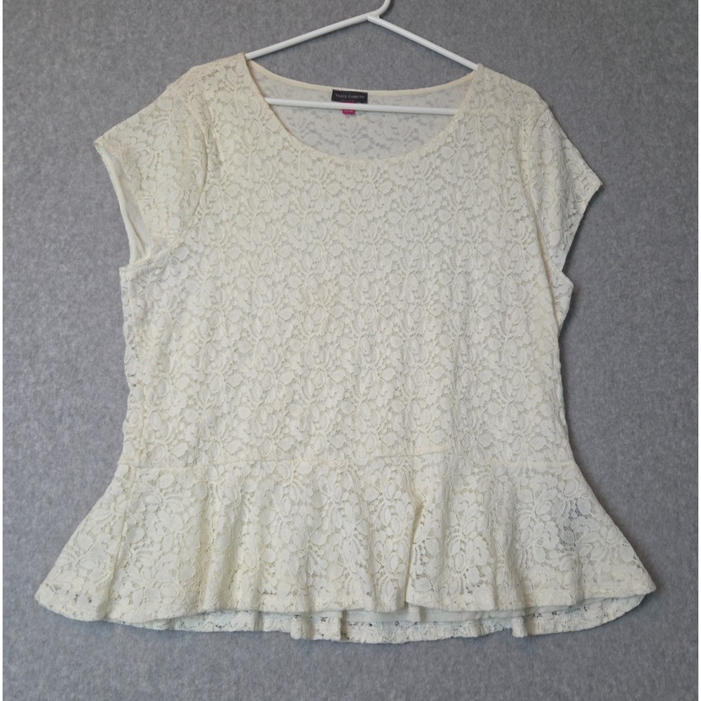 Vince Camuto Cream Floral Lace Overlay SS Blouse Women's XL Stretch